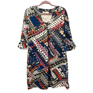 Aryeh Abstract 3/4 Bell Sleeve Knit Midi Shift Dress‎ Blue Orange Pink Size XL